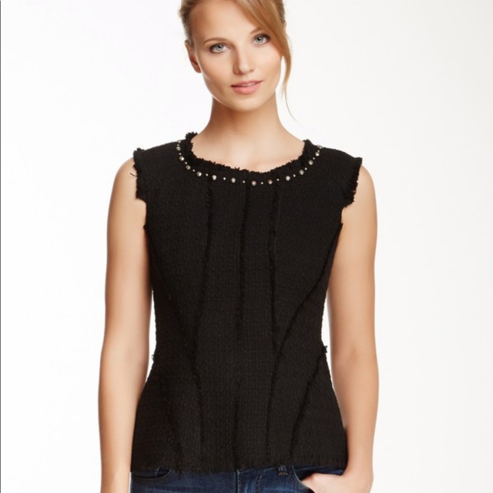Rebecca Taylor Tweed Studded-Neck Peplum Top, Black